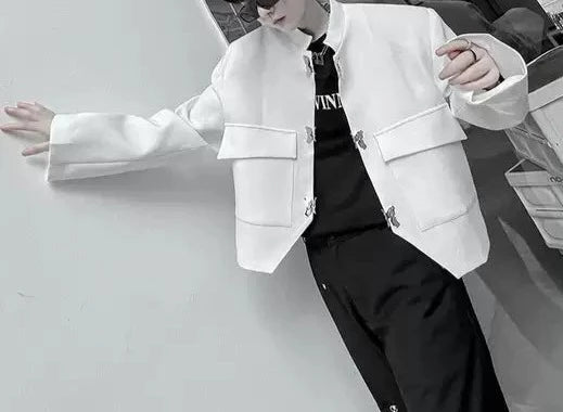 【秋物コーデ３点セット】 ①白ショートJKT・②長袖Tシャツ・③黒パンツ