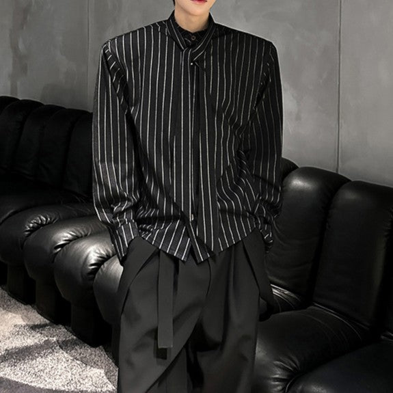 ストライプ パッドショルダー スタンドカラー ロングスリーブシャツ