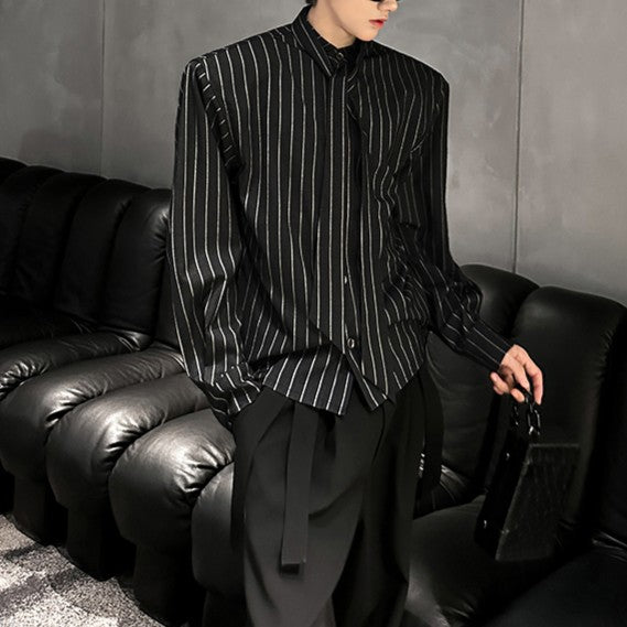 ストライプ パッドショルダー スタンドカラー ロングスリーブシャツ