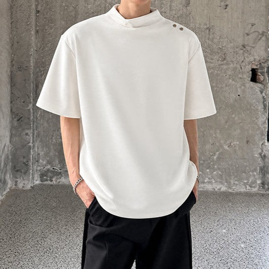 クロスオーバーカラー パッドショルダー ハーフスリーブTシャツ