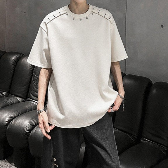 メタルリベット パッドショルダー ハーフスリーブTシャツ