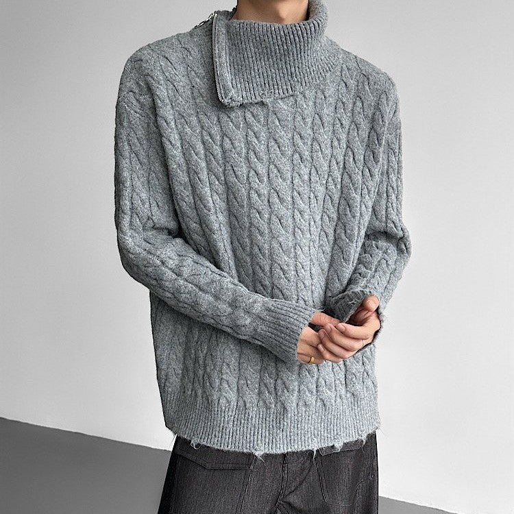 ジッパータートルネック ダメージテイスト ケーブルニット