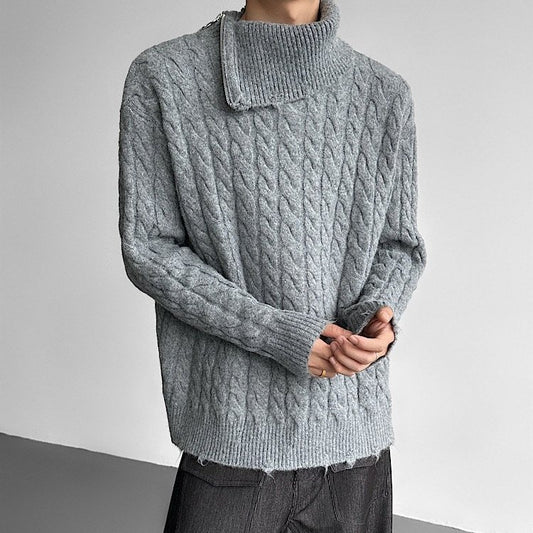 ジッパータートルネック ダメージテイスト ケーブルニット