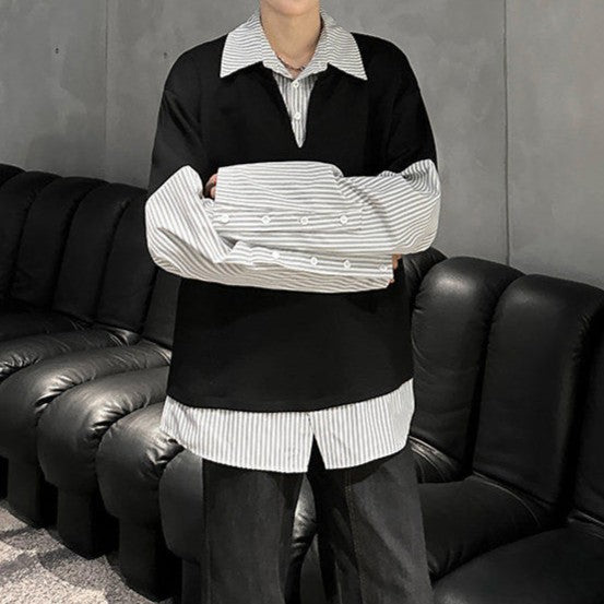 フェイクレイヤード カラーストライプ ロングスリーブシャツ