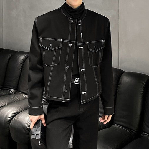 ノーカラー ステッチド ショートジャケット