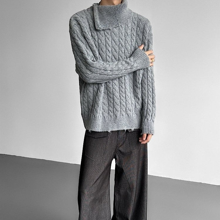 ジッパータートルネック ダメージテイスト ケーブルニット