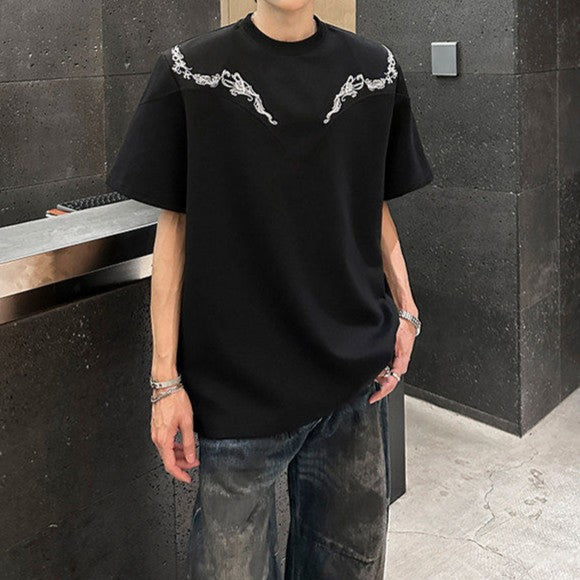 デザインエンブロイダリー パッドショルダー ハーフスリーブTシャツ