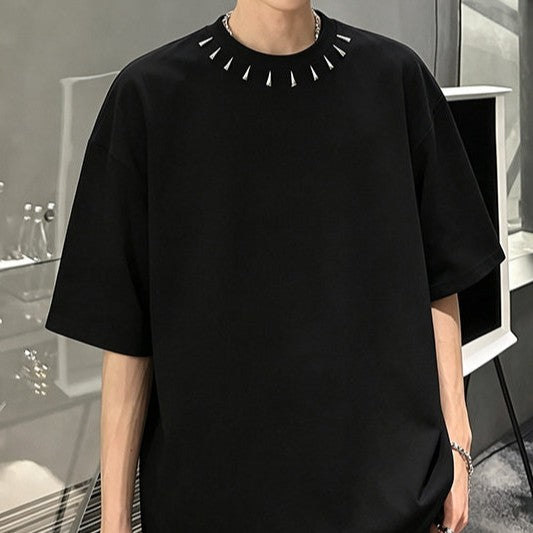 ネックラインメタル パッドショルダー ハーフスリーブTシャツ