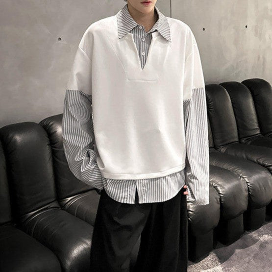 フェイクレイヤード カラーストライプ ロングスリーブシャツ