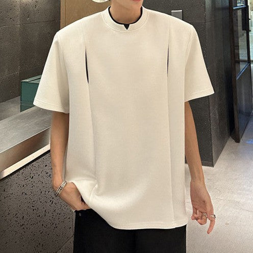 フェイクレイヤード パッドショルダー ハーフスリーブTシャツ