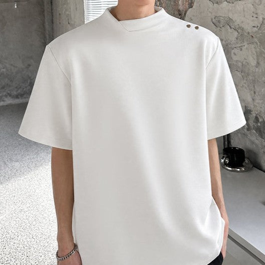 クロスオーバーカラー パッドショルダー ハーフスリーブTシャツ