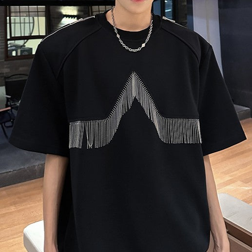 フリンジデザイン パッドショルダー ハーフスリーブTシャツ