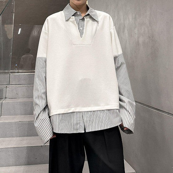 フェイクレイヤード カラーストライプ ロングスリーブシャツ