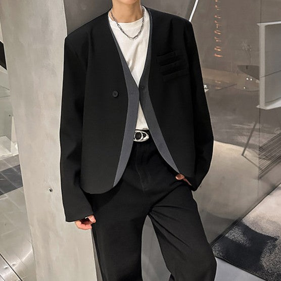 ツートンカラー ショート ノーカラー テーラードジャケット