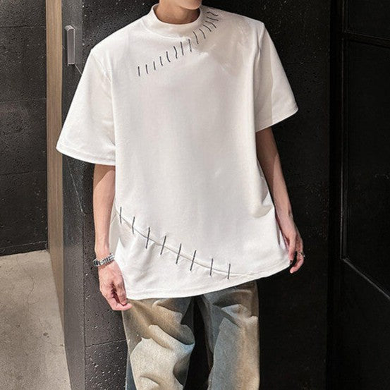 ハンドステッチデザイン パッドショルダー ハーフスリーブTシャツ