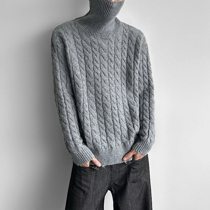 ジッパータートルネック ダメージテイスト ケーブルニット