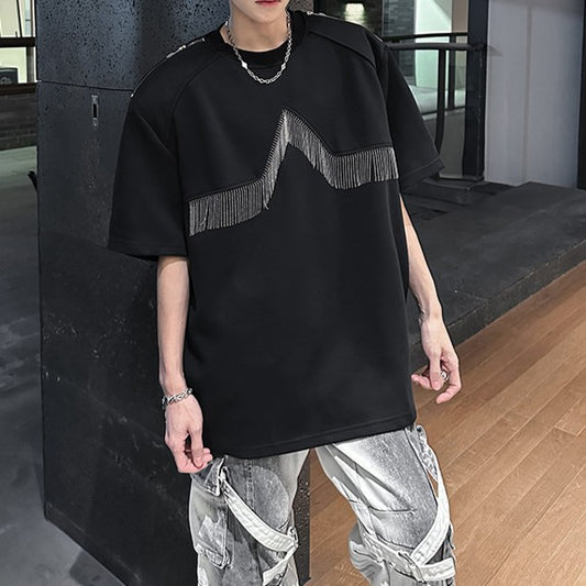 フリンジデザイン パッドショルダー ハーフスリーブTシャツ