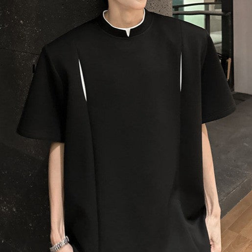 フェイクレイヤード パッドショルダー ハーフスリーブTシャツ