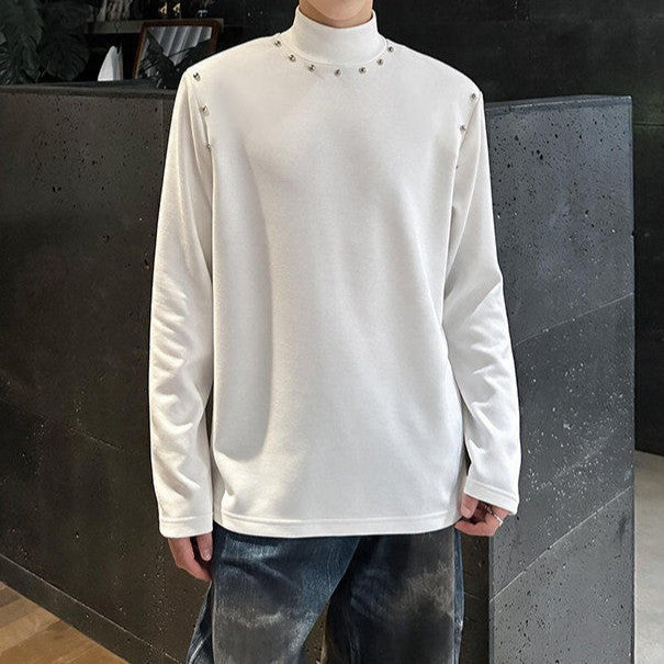 スタッズデザイン ロングスリーブ ハイネックTシャツ