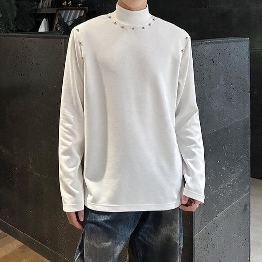 スタッズデザイン ロングスリーブ ハイネックTシャツ