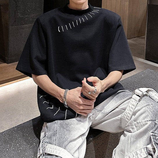 ハンドステッチデザイン パッドショルダー ハーフスリーブTシャツ