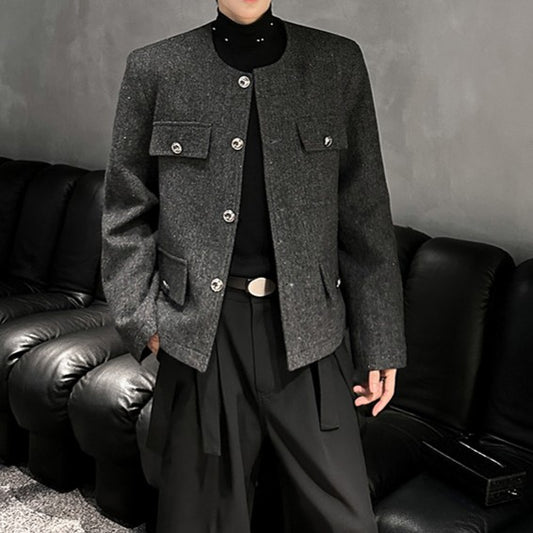 ノーカラー ウール ボタンショートジャケット