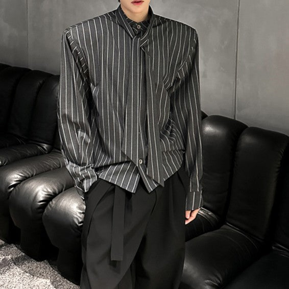 ストライプ パッドショルダー スタンドカラー ロングスリーブシャツ