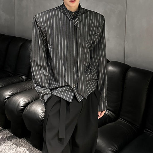 ストライプ パッドショルダー スタンドカラー ロングスリーブシャツ
