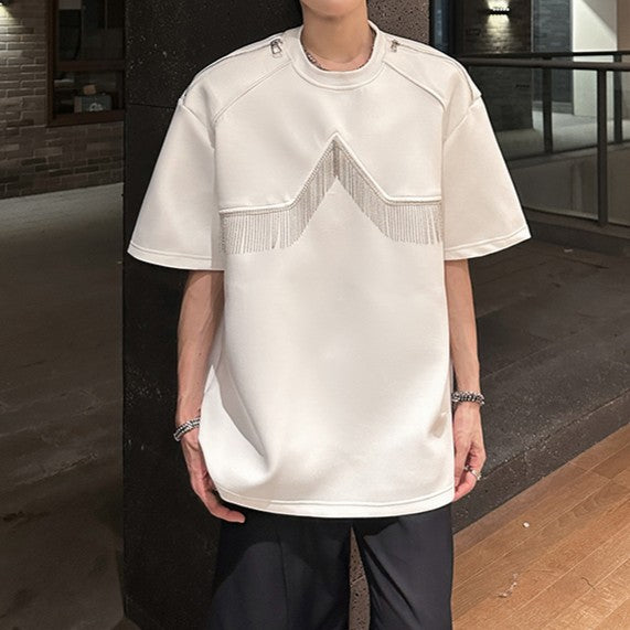 フリンジデザイン パッドショルダー ハーフスリーブTシャツ