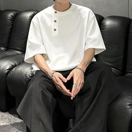 アシンメトリーヘンリーネック ハーフスリーブTシャツ