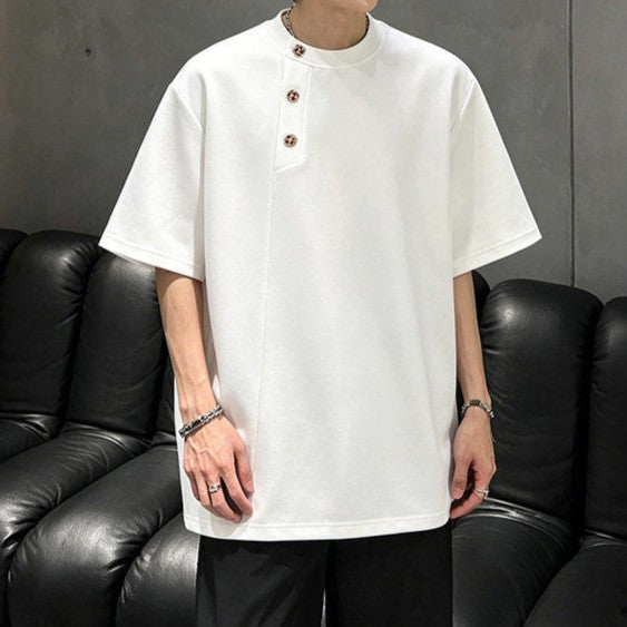 アシンメトリーヘンリーネック ハーフスリーブTシャツ