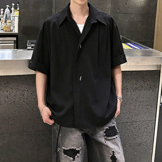 オッドシェイプボタン パッドショルダー ハーフスリーブシャツ