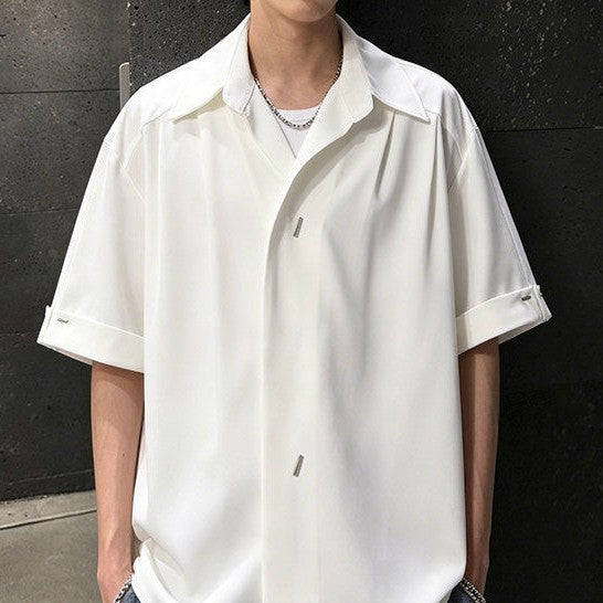 オッドシェイプボタン パッドショルダー ハーフスリーブシャツ