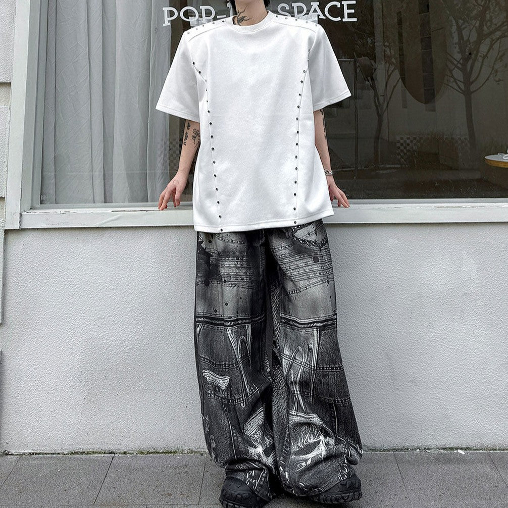 メタルリベットライン パッドショルダー ハーフスリーブTシャツ