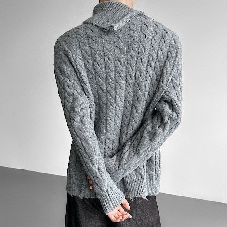 ジッパータートルネック ダメージテイスト ケーブルニット