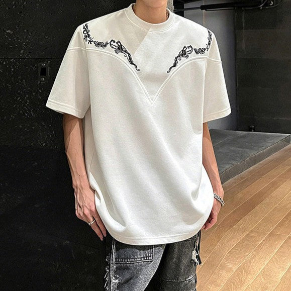 デザインエンブロイダリー パッドショルダー ハーフスリーブTシャツ
