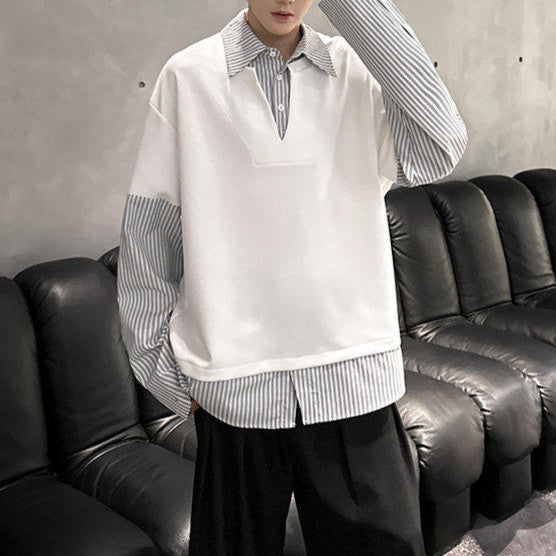 フェイクレイヤード カラーストライプ ロングスリーブシャツ