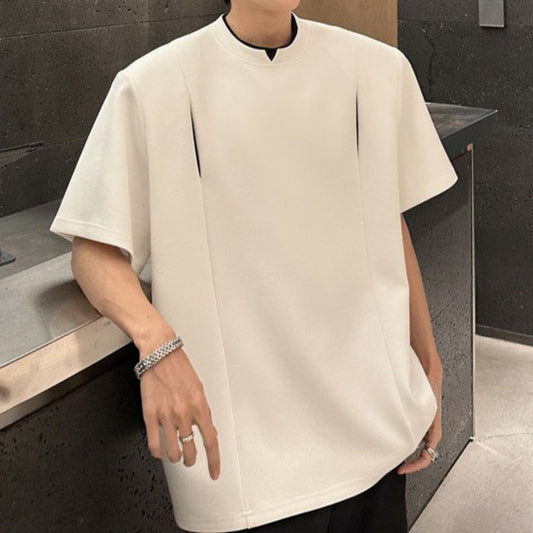 フェイクレイヤード パッドショルダー ハーフスリーブTシャツ