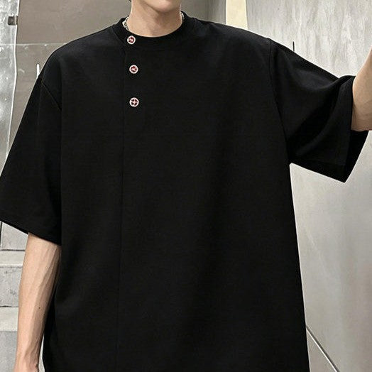 アシンメトリーヘンリーネック ハーフスリーブTシャツ