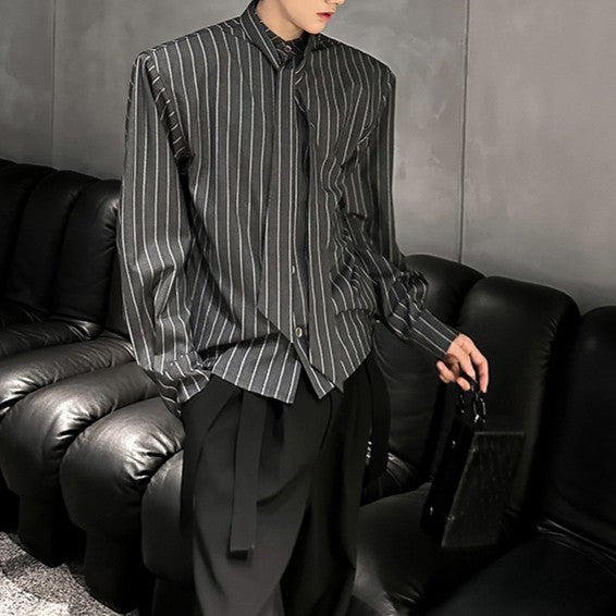 ストライプ パッドショルダー スタンドカラー ロングスリーブシャツ