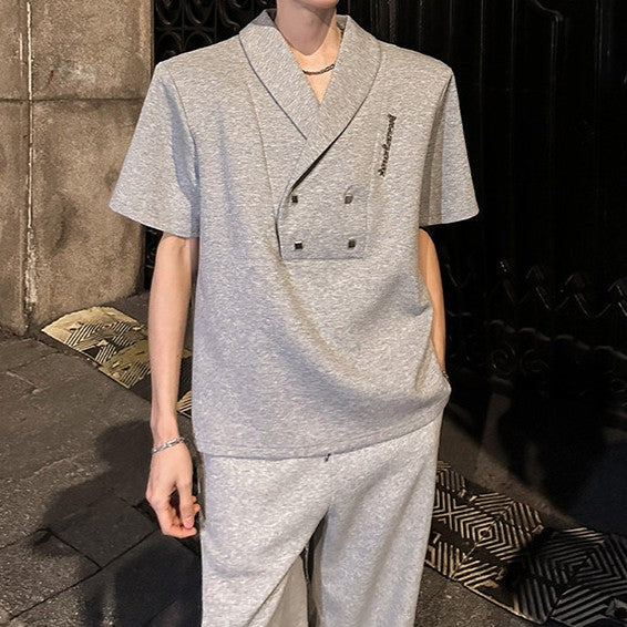 ダブルブレストVネック パッドショルダー ハーフスリーブTシャツ