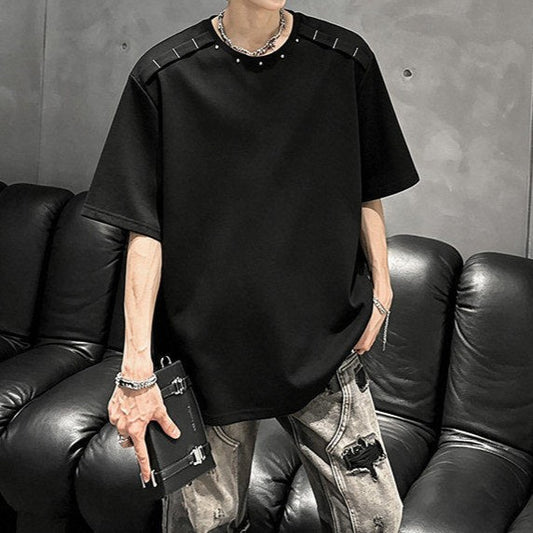 メタルリベット パッドショルダー ハーフスリーブTシャツ
