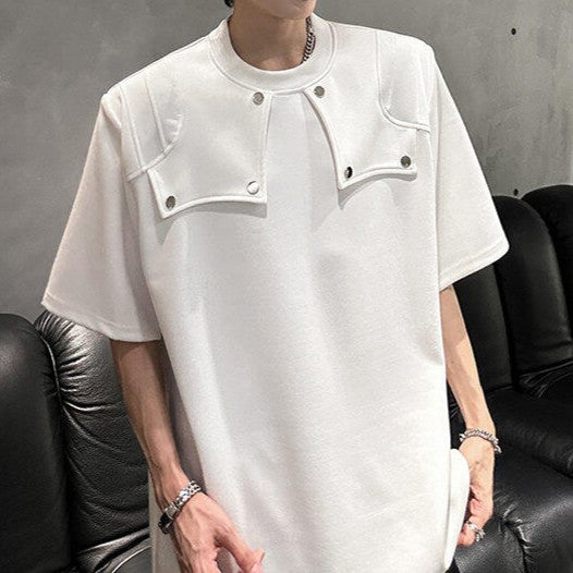 スプリットデザイン パッドショルダー ハーフスリーブTシャツ