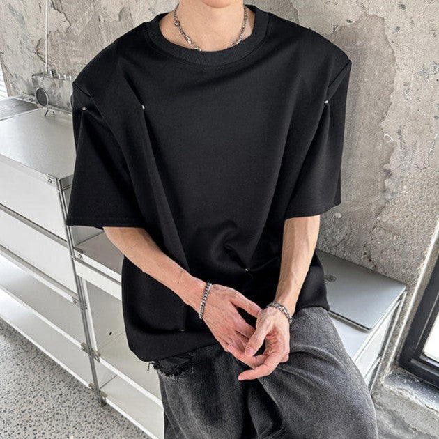 スナップボタンデザイン パッドショルダー ハーフスリーブＴシャツ