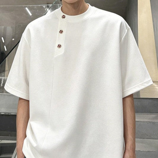 アシンメトリーヘンリーネック ハーフスリーブTシャツ