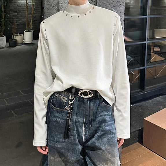 スタッズデザイン ロングスリーブ ハイネックTシャツ