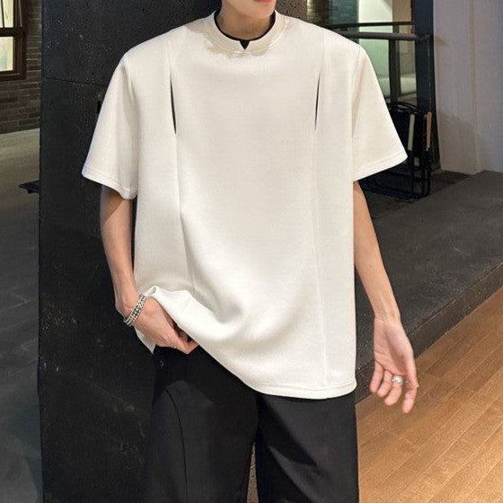 フェイクレイヤード パッドショルダー ハーフスリーブTシャツ