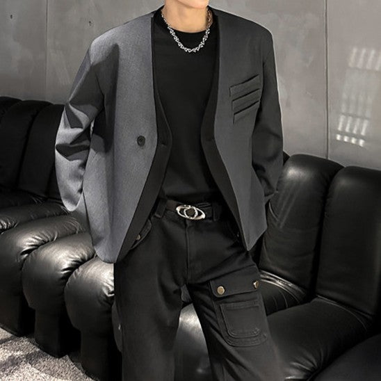 ツートンカラー ショート ノーカラー テーラードジャケット