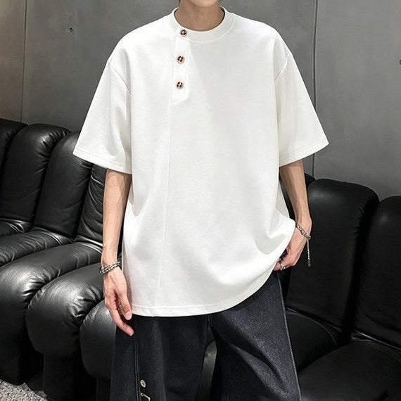 アシンメトリーヘンリーネック ハーフスリーブTシャツ