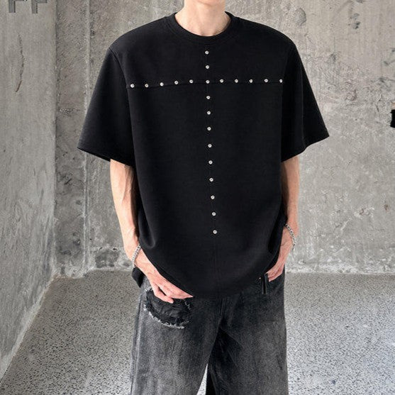 スタッズクロス パッドショルダー ハーフスリーブTシャツ